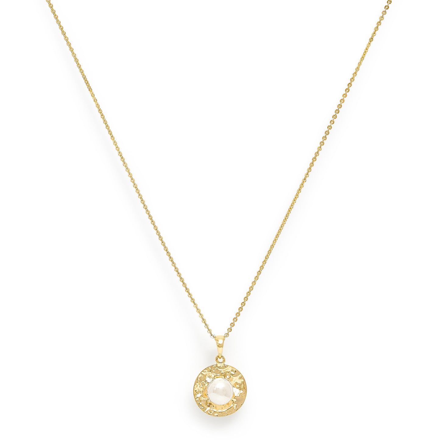 Credo gold brushed disk pendant with cultured freshwater pearl in the centre