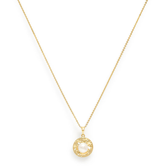 Credo gold brushed disk pendant with cultured freshwater pearl in the centre