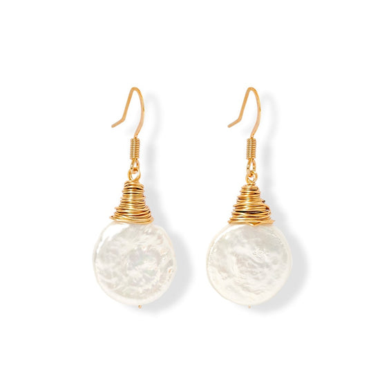 Credo coin pearl earrings set in gold wirework