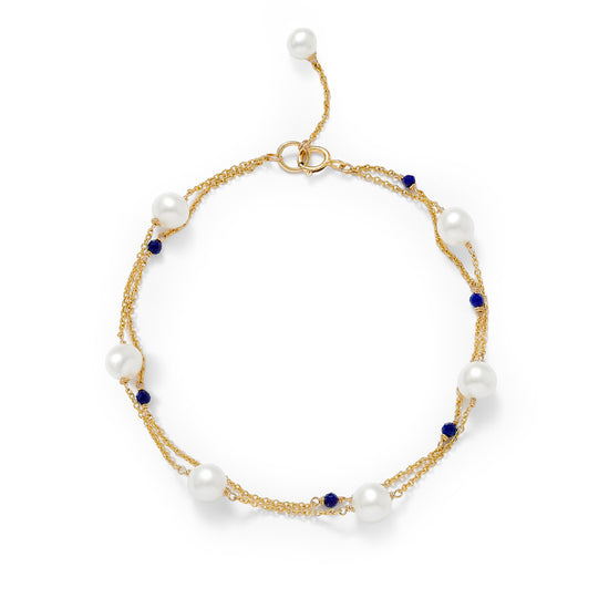 Credo fine double chain bracelet with cultured freshwater pearls & lapis lazuli
