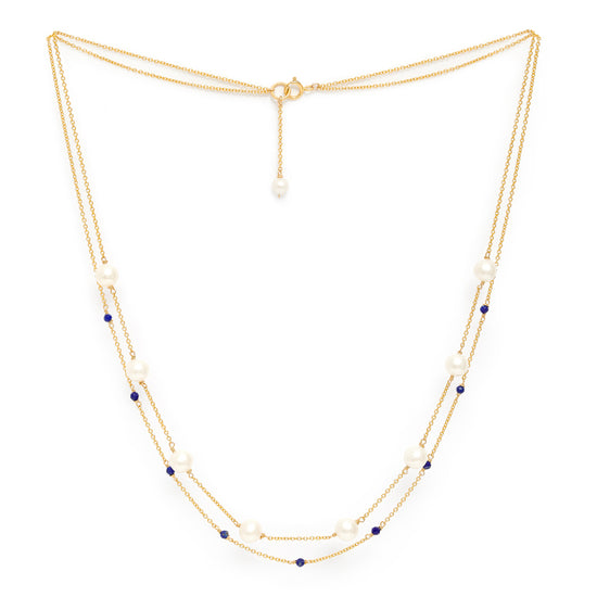 Load image into Gallery viewer, Credo fine double chain necklace with cultured freshwater pearls &amp;amp; lapis lazuli

