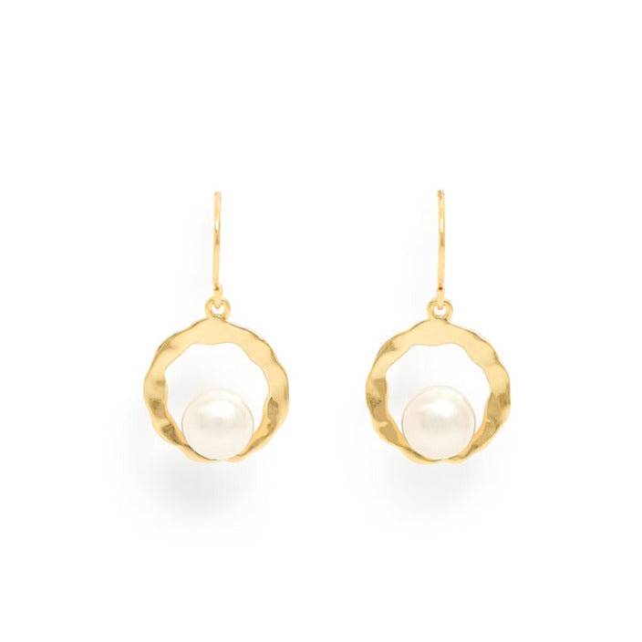 Load image into Gallery viewer, Credo gold hollow disk earrings with cultured freshwater pearls on gold fill hooks
