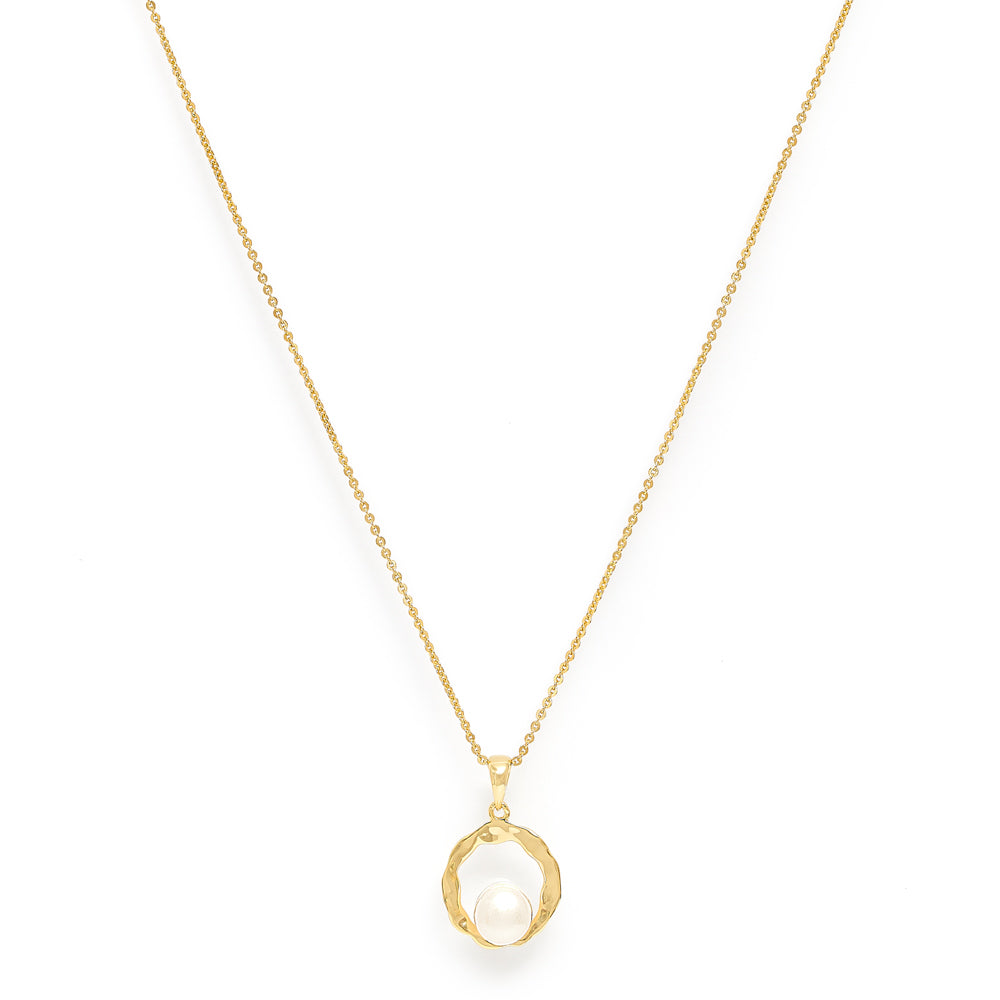 Credo gold hollow disk pendant with cultured freshwater pearl in the centre