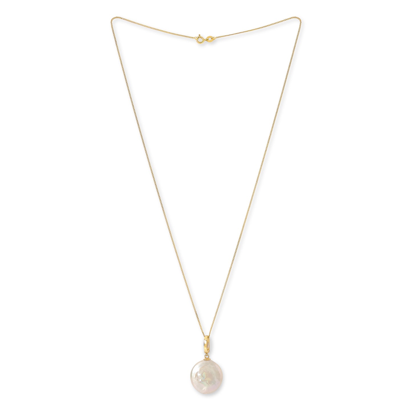 Gold chain necklace with a coin-shaped large cultured freshwater pearl pendant on a white background