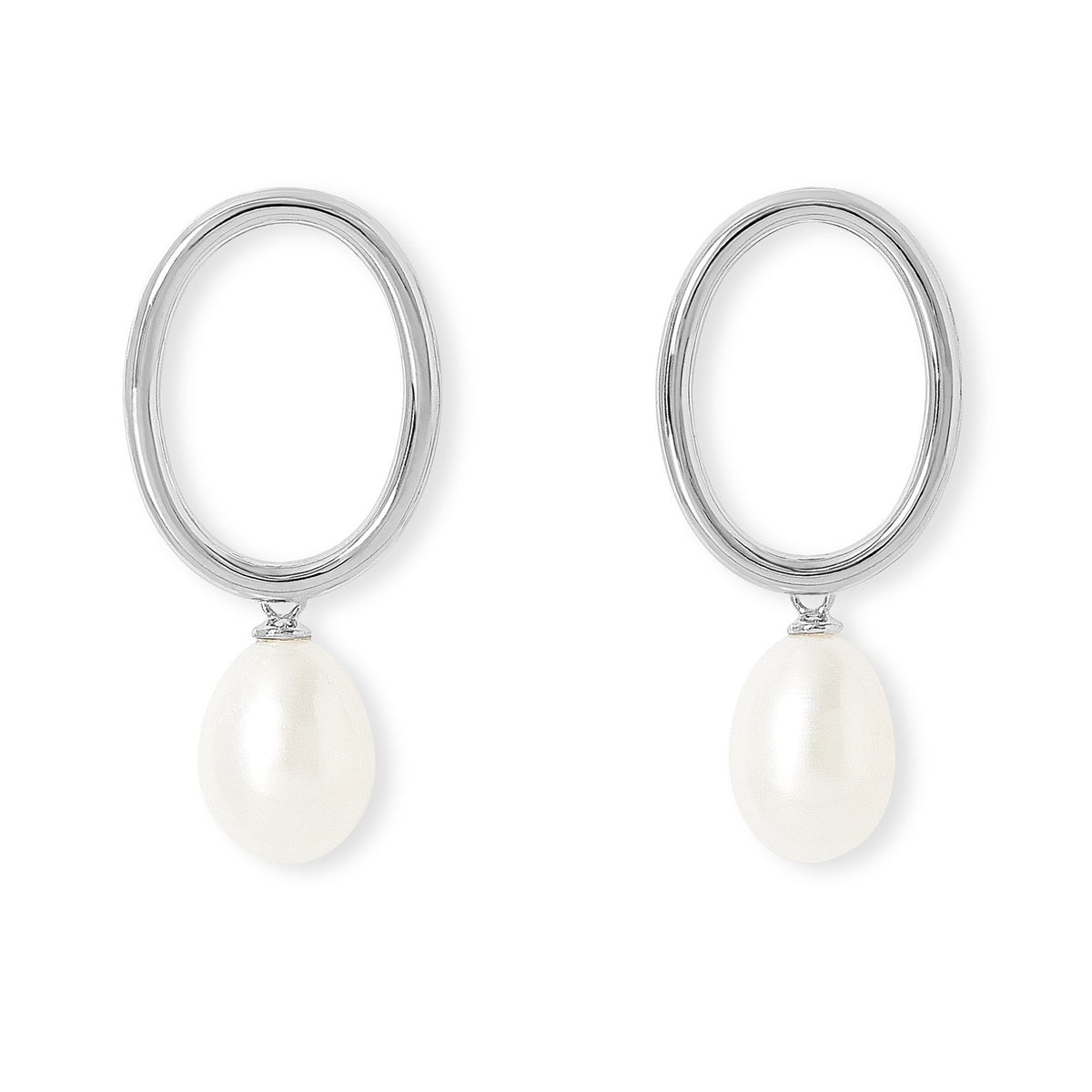 Large oval sterling silver stud earrings with teardrop cultured freshwater pearls