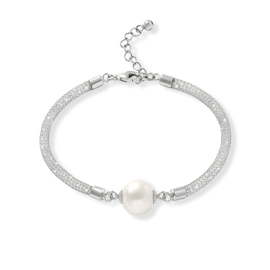 Credo silver mesh crystal bracelet with cultured freshwater pearl