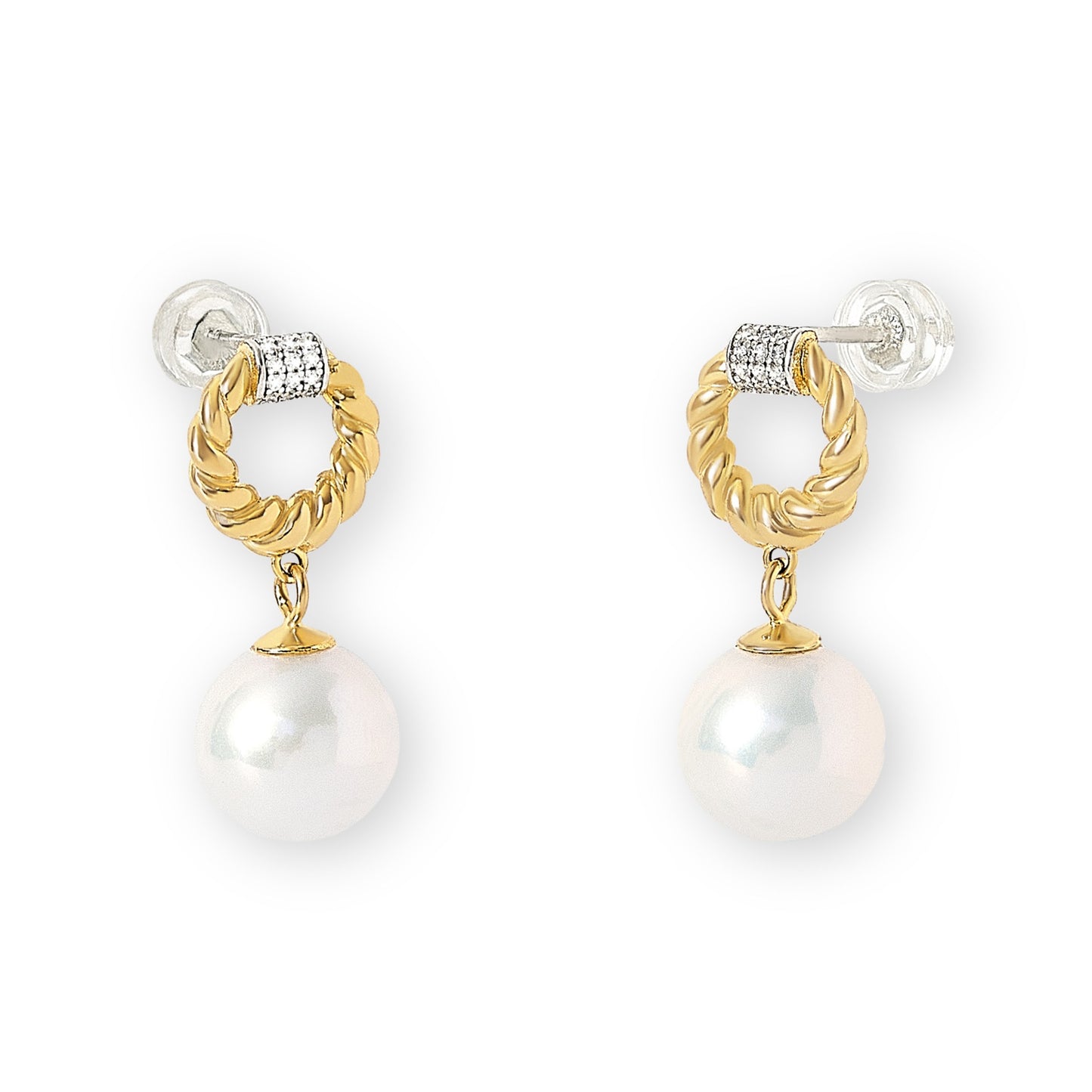 Credo twisted gold plated sterling silver circle studs with cubic zirconia with almost round cultured freshwater pearls

