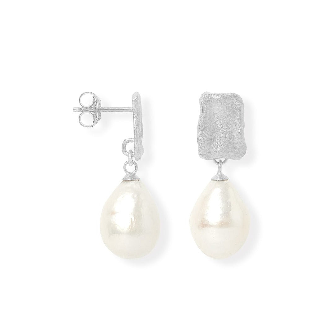 Decus silver stud earrings with large baroque cultured freshwater pearl drop earrings