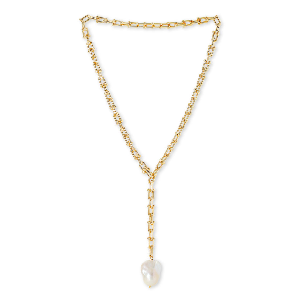 Decus baroque cultured freshwater pearl drop on chunky gold chain