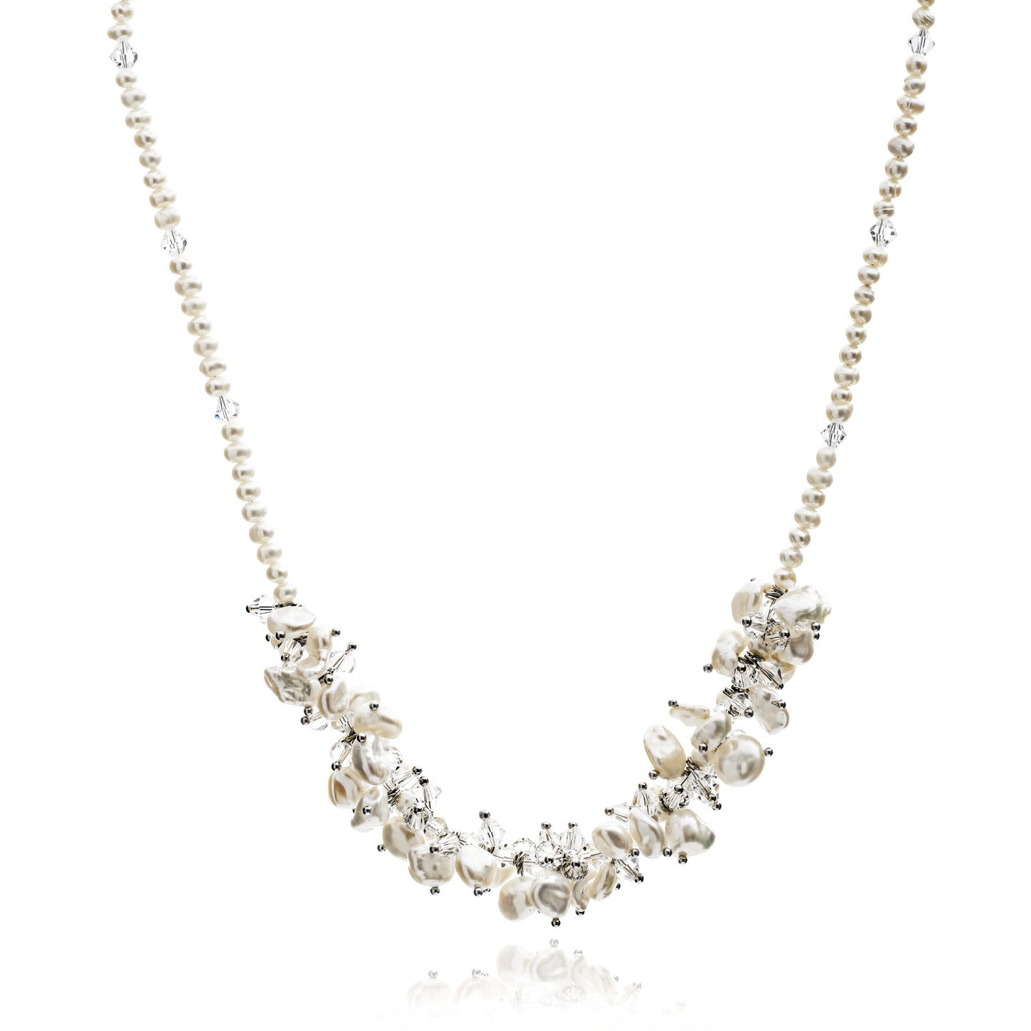 Necklace with white cultured freshwater pearl necklace and clear crystals 