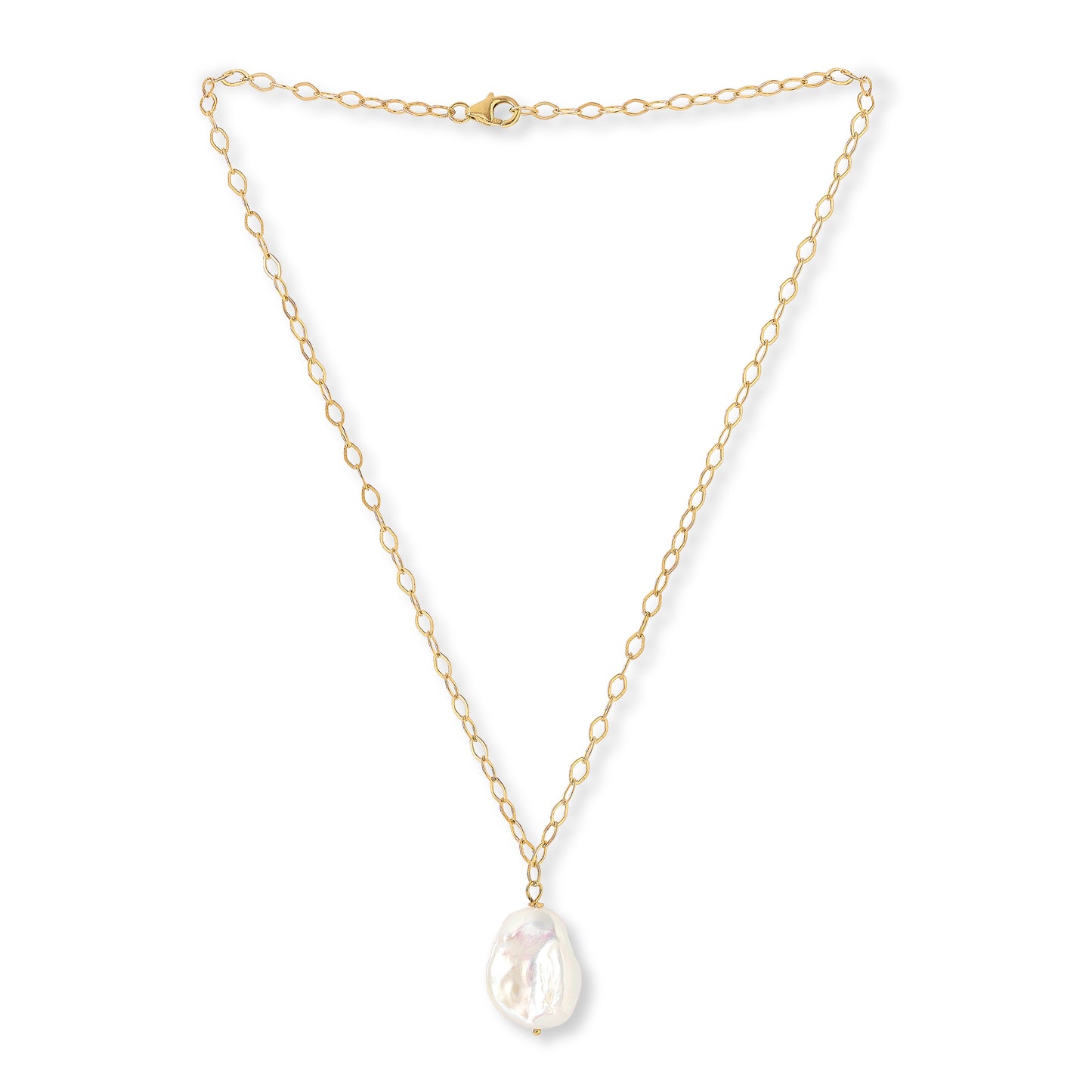 Gold plated chain necklace with a keishi pearl pendant on a white background