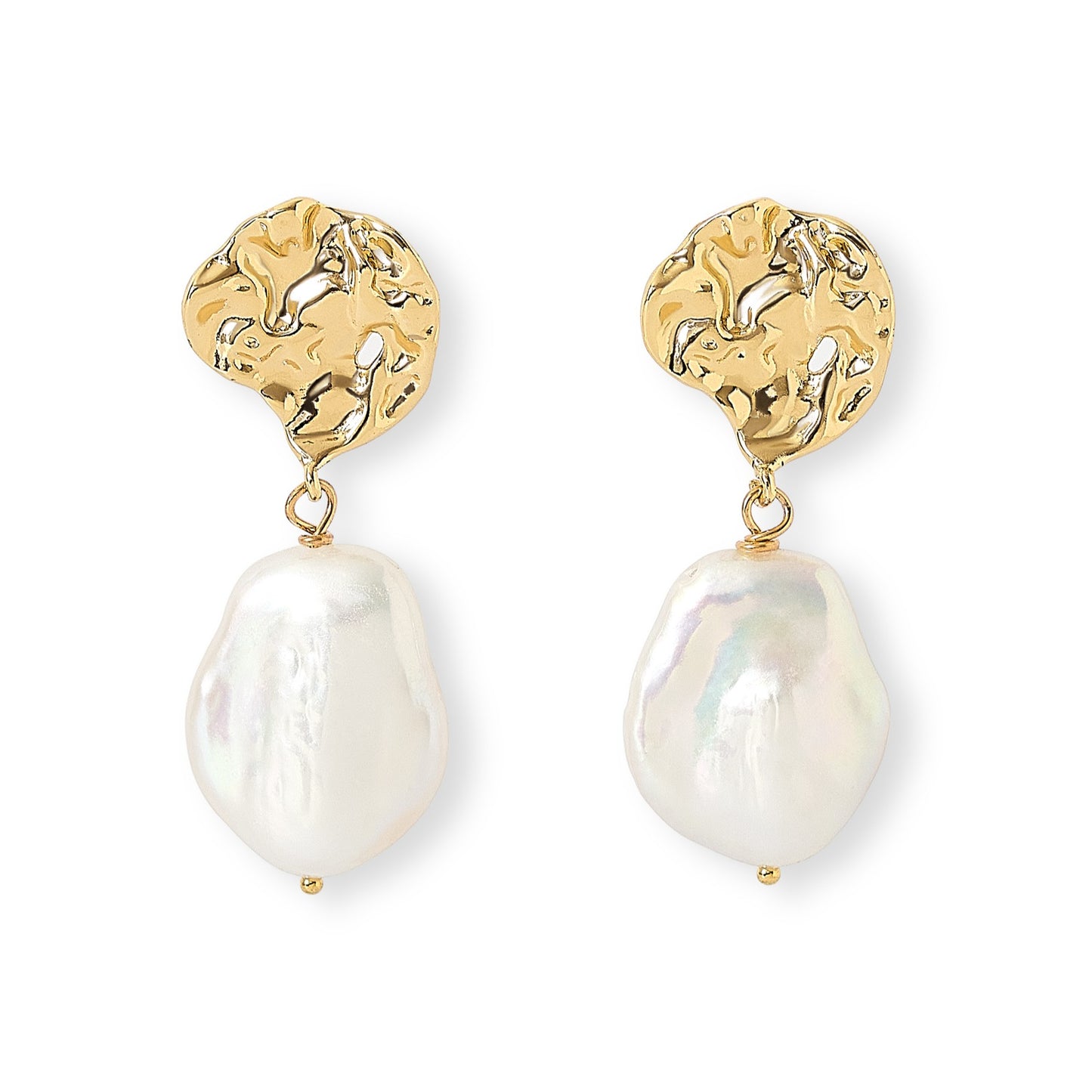 Gold molten studs with large keishi pearl drop earrings 