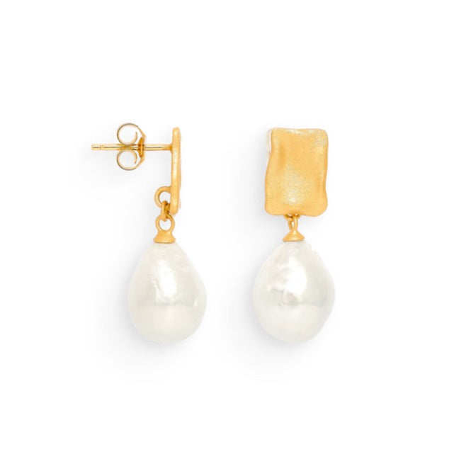 Decus gold stud earrings with large baroque cultured freshwater pearl drop earrings