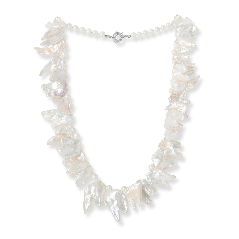 Decus large iridescent white keishi and almost round cultured freshwater pearl necklace