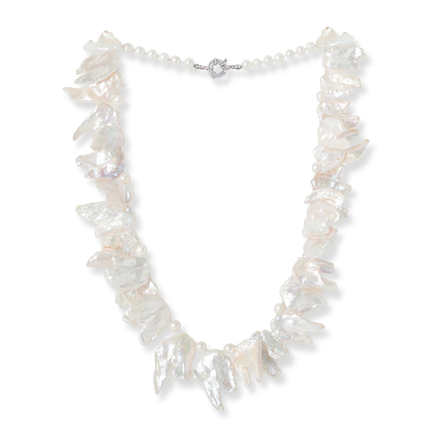 Decus large iridescent white keishi and almost round cultured freshwater pearl necklace