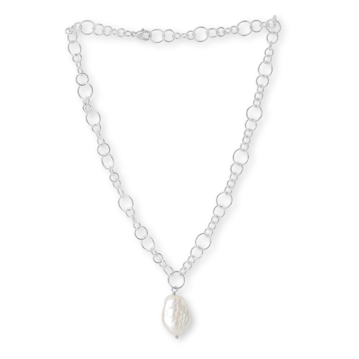Silver chain necklace with a keishi pearl pendant on a white background