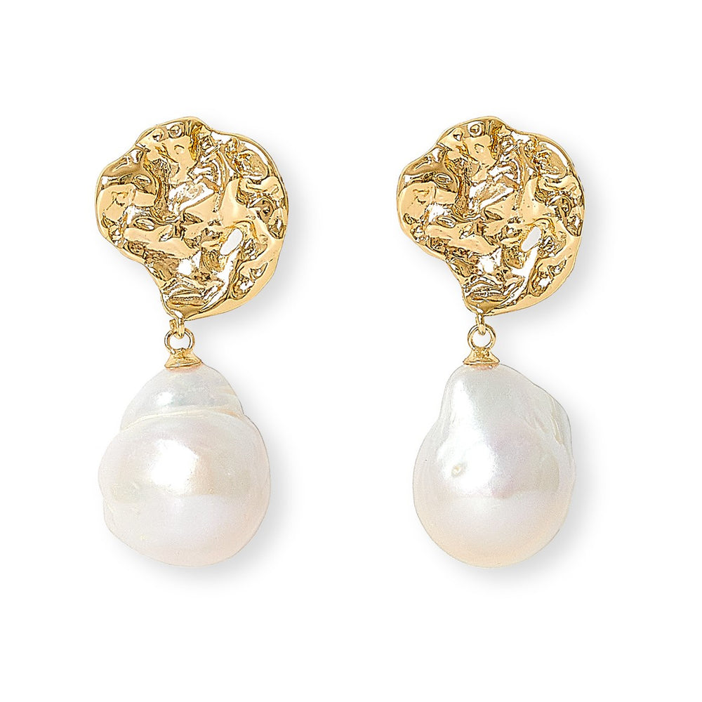 Decus molten gold stud earrings with large baroque cultured freshwater pearl drop earrings