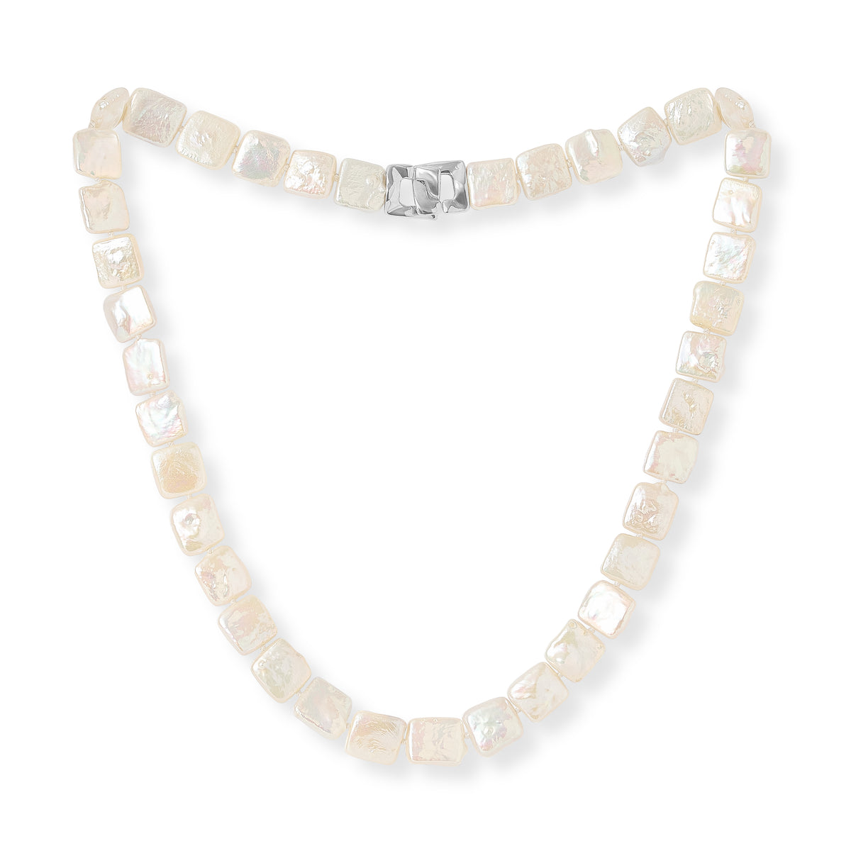 A strand of square-shaped, iridescent white cultured freshwater pearls on a white gold plate square pull apart clasp