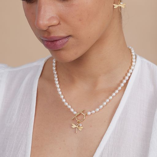 Load image into Gallery viewer, Vita Gold Dragonfly &amp;amp; Cultured Freshwater Pearl Drop Earrings
