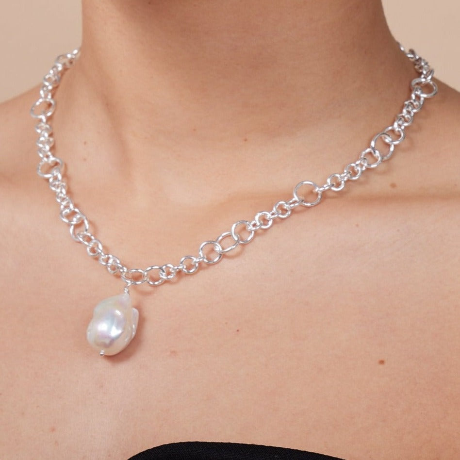 
                  
                    Decus large baroque 'fireball' cultured freshwater pearl drop on chunky silver chain
                  
                