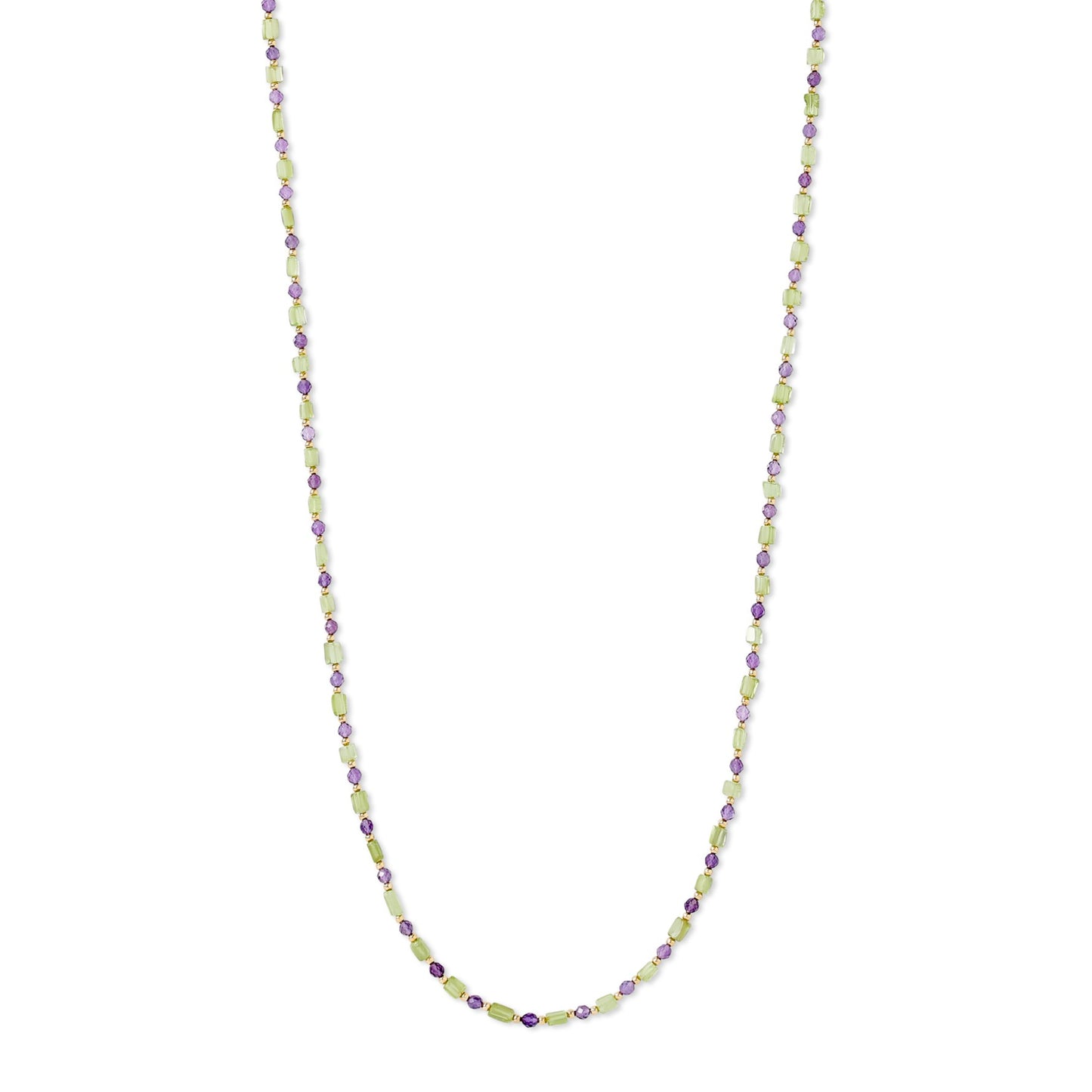 Fine peridot, amethyst and gold plate bead long loop necklace with clasp