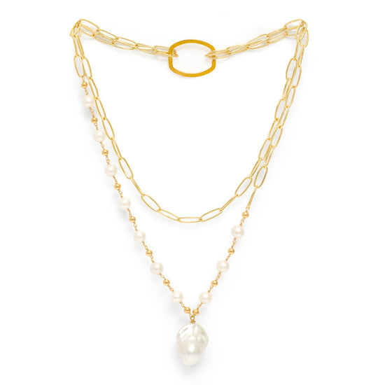 Decus large baroque 'fireball' cultured freshwater pearl drop on long gold chain