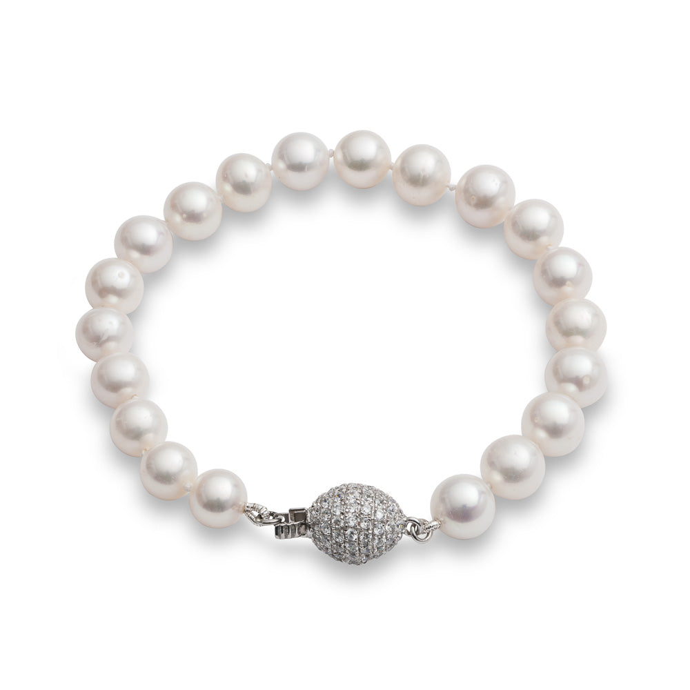 Gratia almost round white cultured freshwater pearl bracelet with pave sparkle oval clasp