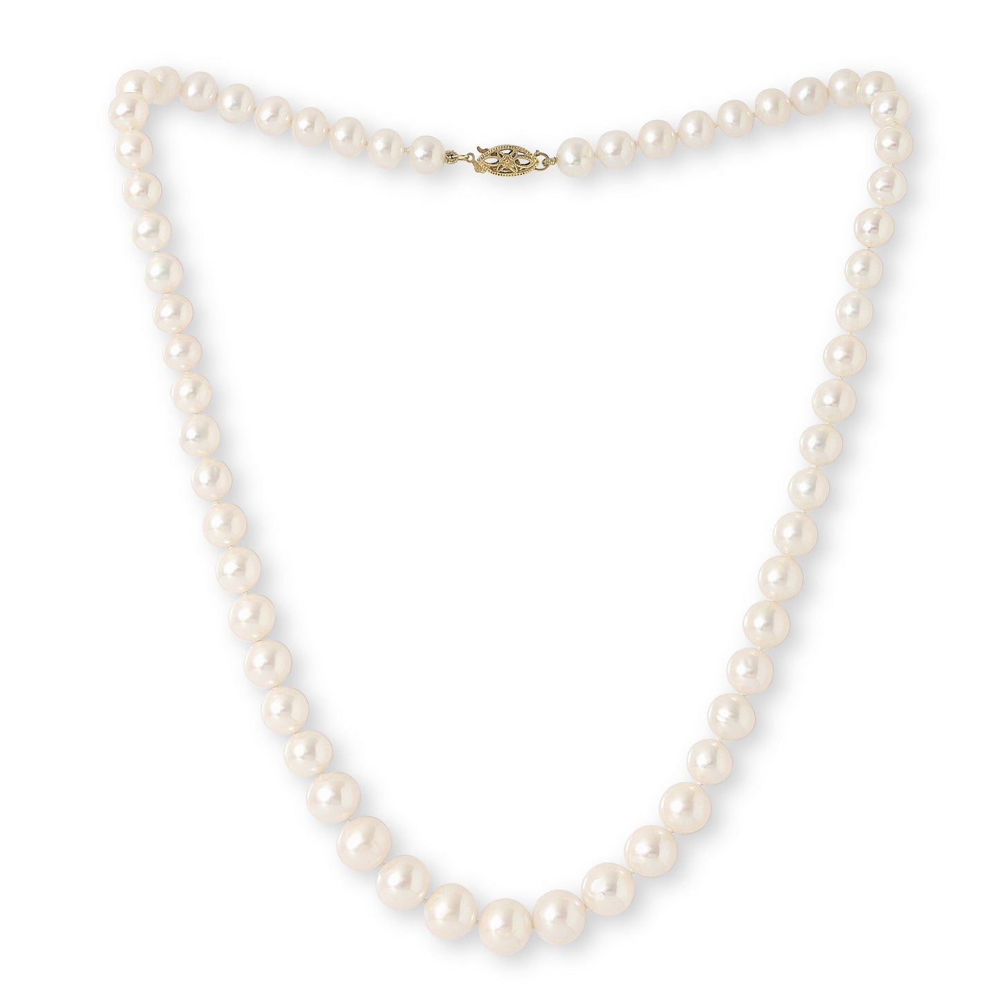 Classic graduated cultured freshwater pearl necklace with a 14kt gold clasp on a white background