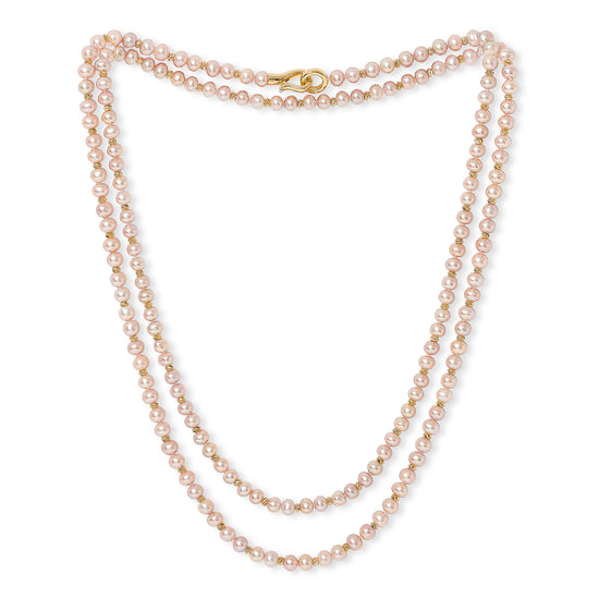 Gratia pink cultured freshwater pearl loop necklace with gold beads