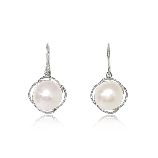 Gratia cultured freshwater pearl drop earrings with silver swirl surround