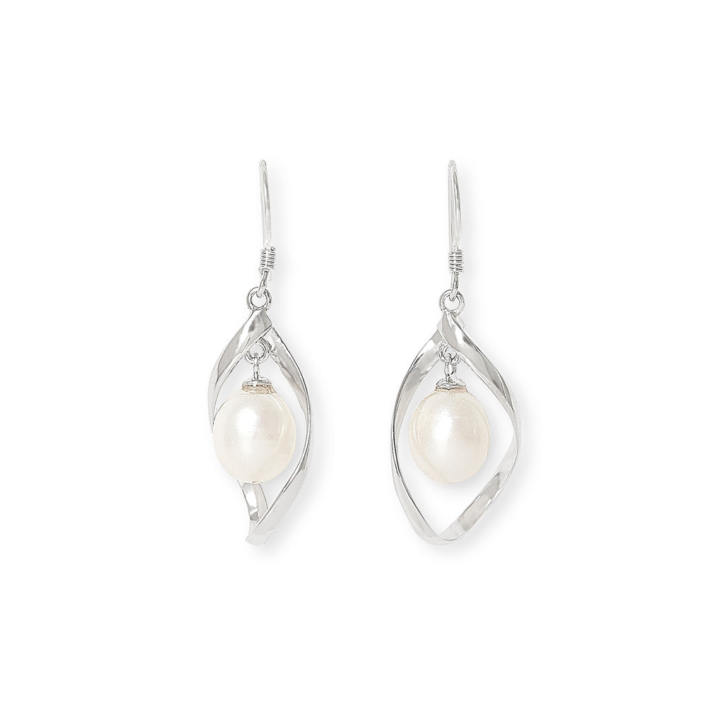 Gratia cultured freshwater pearl drop earrings in silver swirls