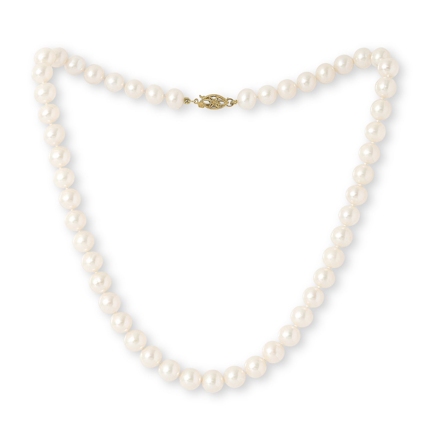 Classic Almost round cultured freshwater pearl necklace  with 14kt gold clasp on a white background