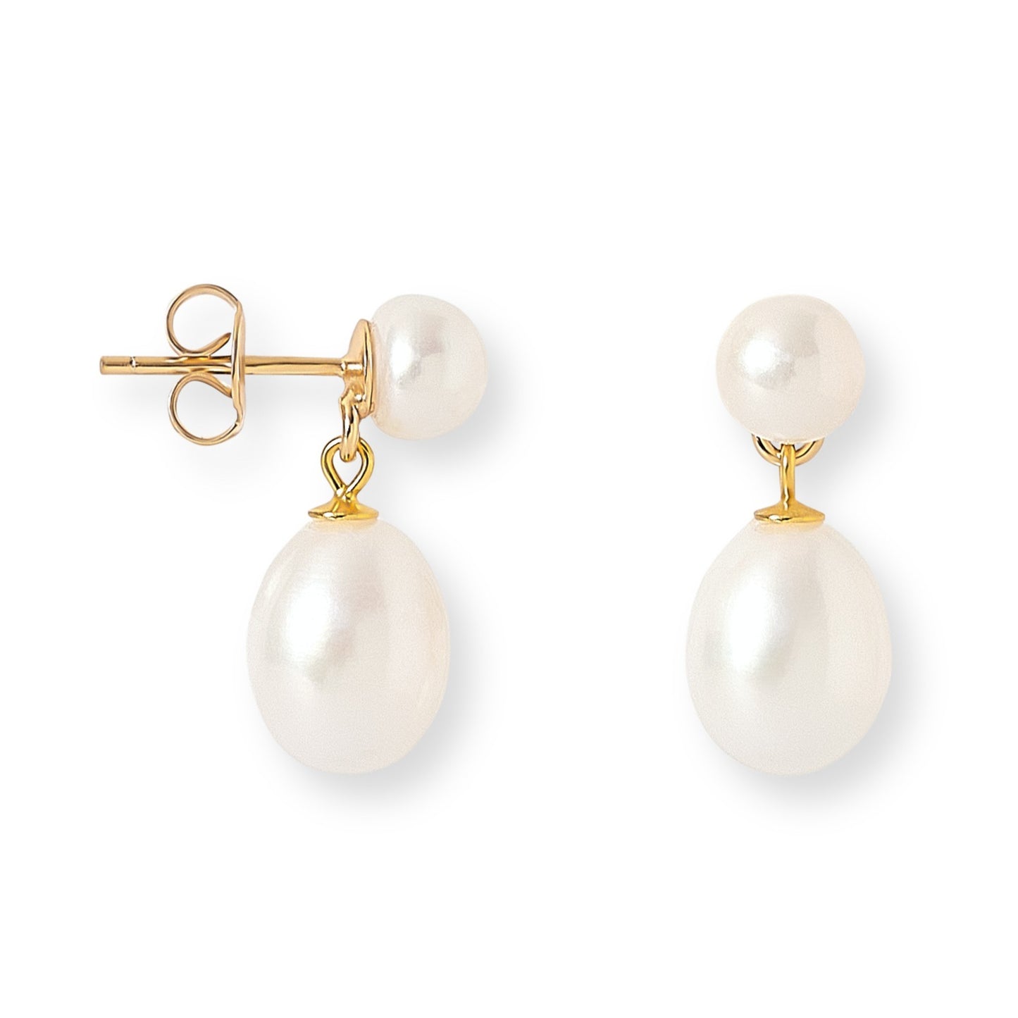 Gratia white button cultured freshwater pearl studs on gold plated silver with teardrop earrings