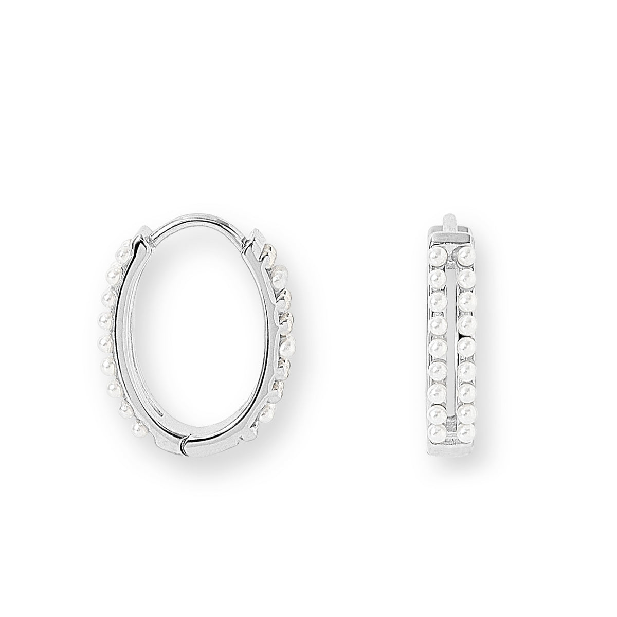 A pair of silver hoop earrings with tiny mother of pearl beads, shown from both the front and side views on a plain white background.