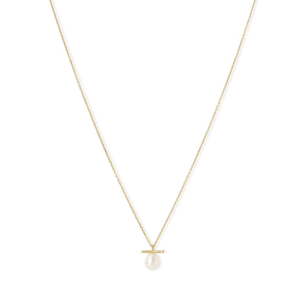 Gratia gold plated sterling silver chain with central white cultured freshwater pearl beneath delicate bar