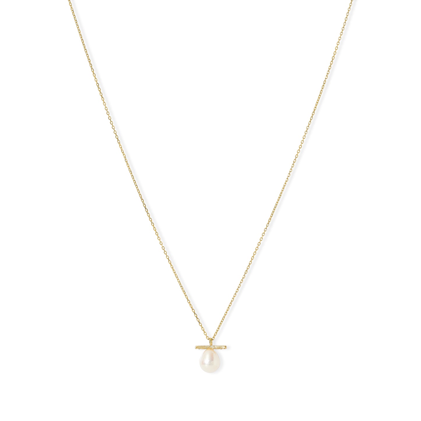 Gratia gold plated sterling silver chain with central white cultured freshwater pearl beneath delicate bar