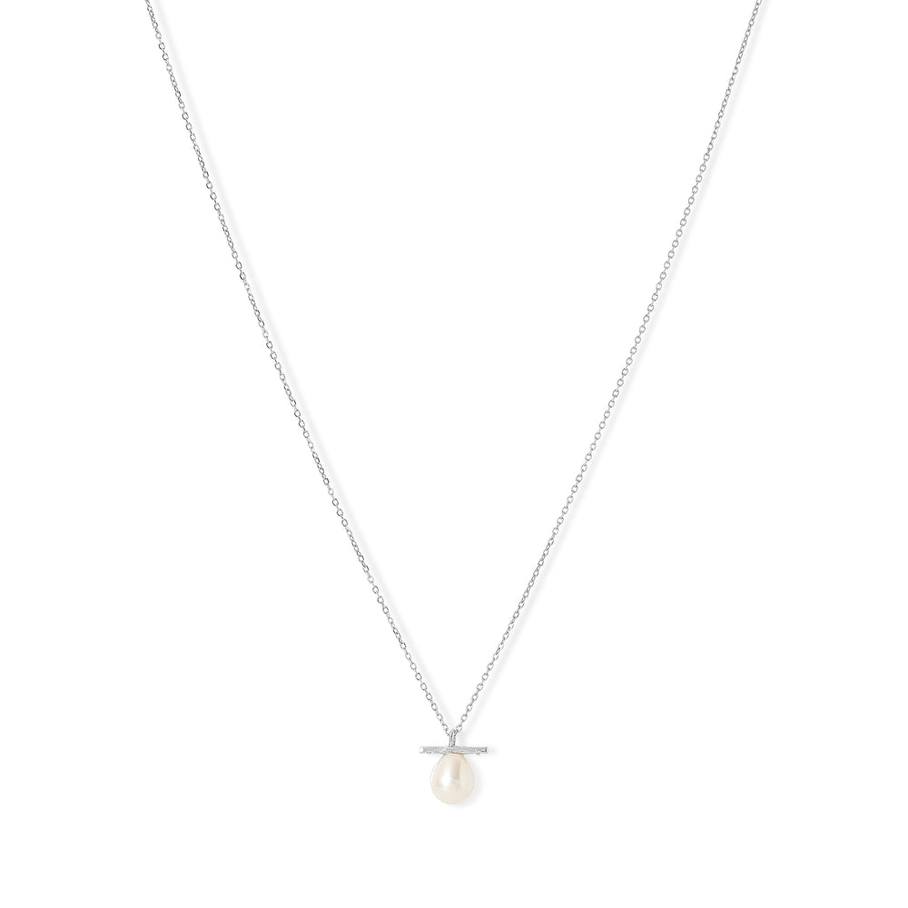 Gratia sterling silver chain with central white cultured freshwater pearl beneath delicate bar