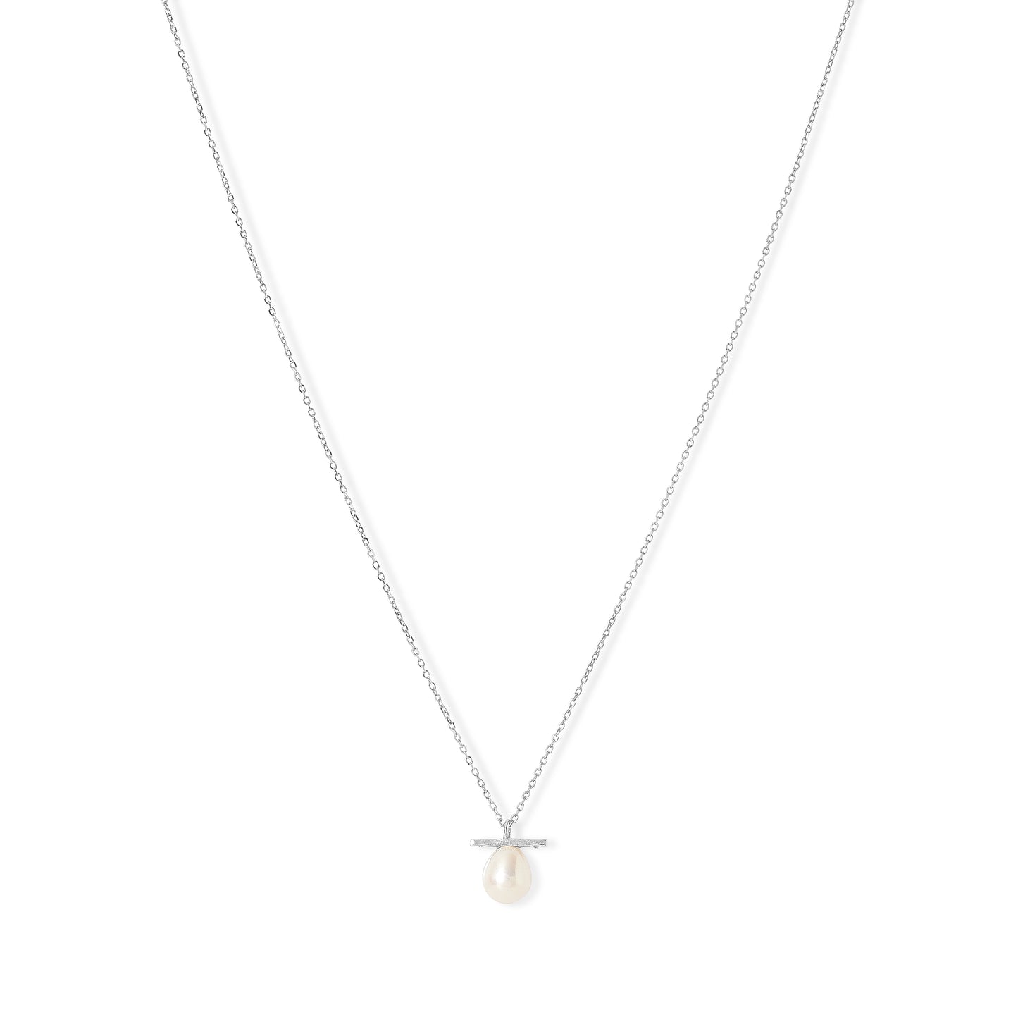 Gratia sterling silver chain with central white cultured freshwater pearl beneath delicate bar