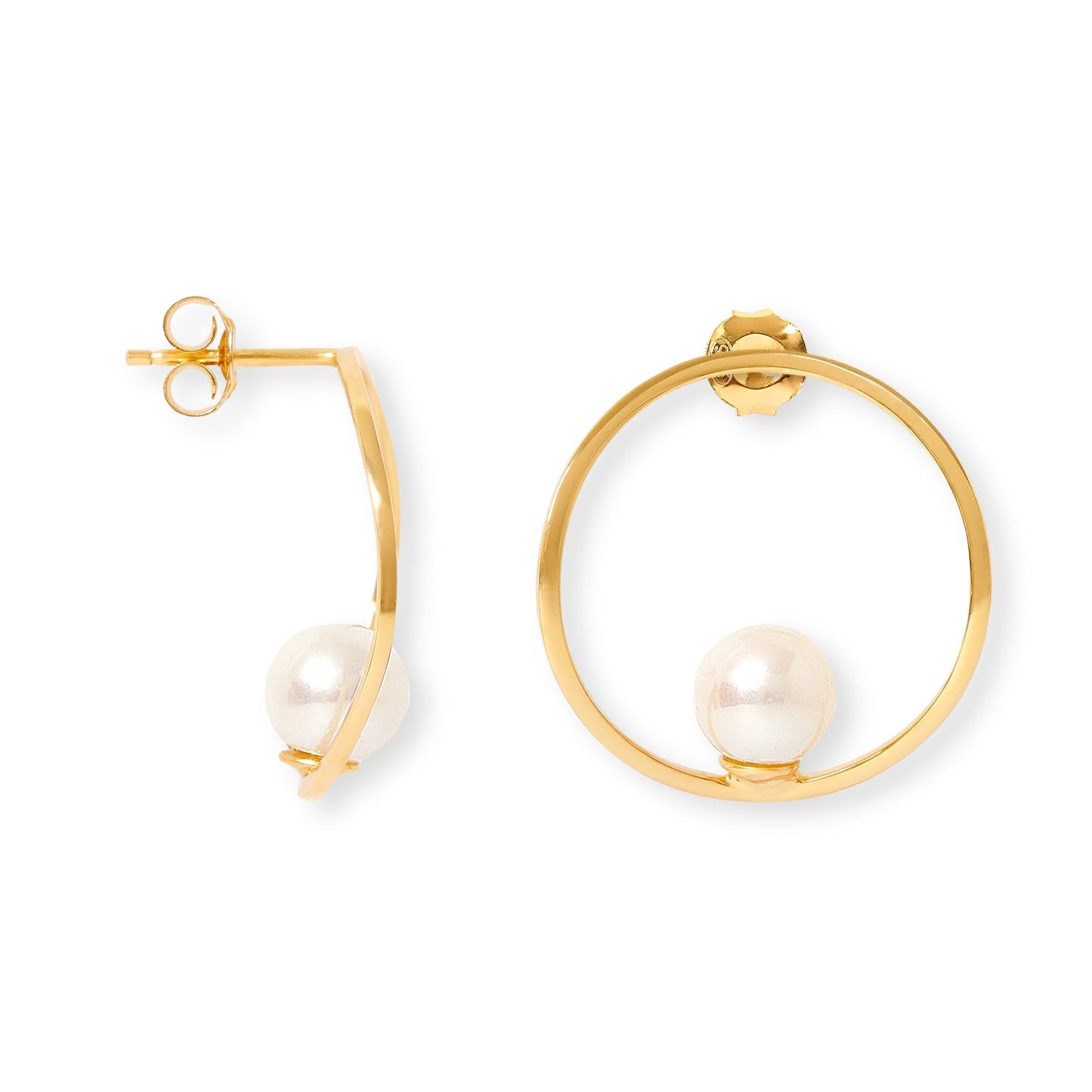 Gratia large gold curved circle stud earrings with cultured akoya pearls