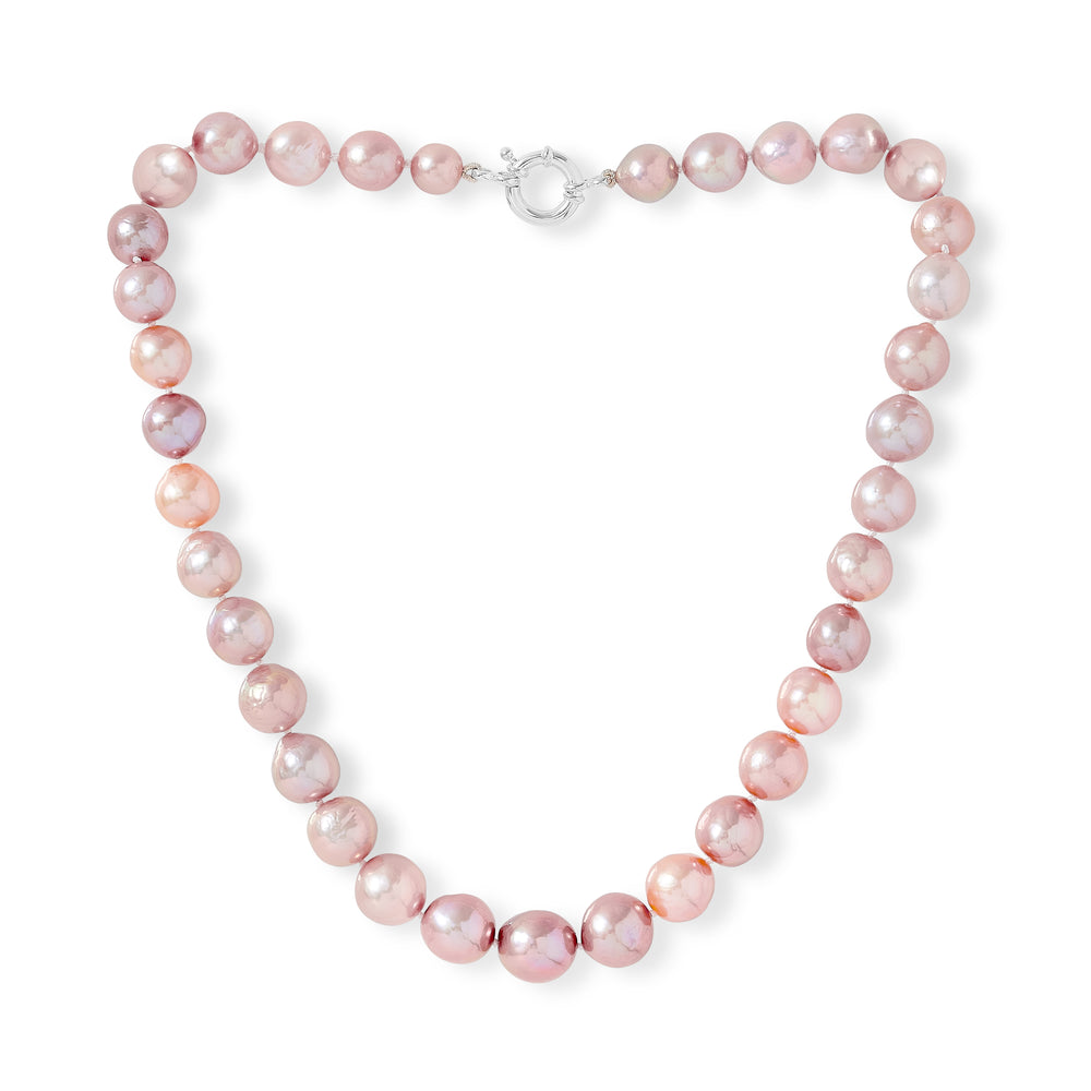 Gratia 10-12mm peach and mauve cultured freshwater pearl necklace with silver spring clasp