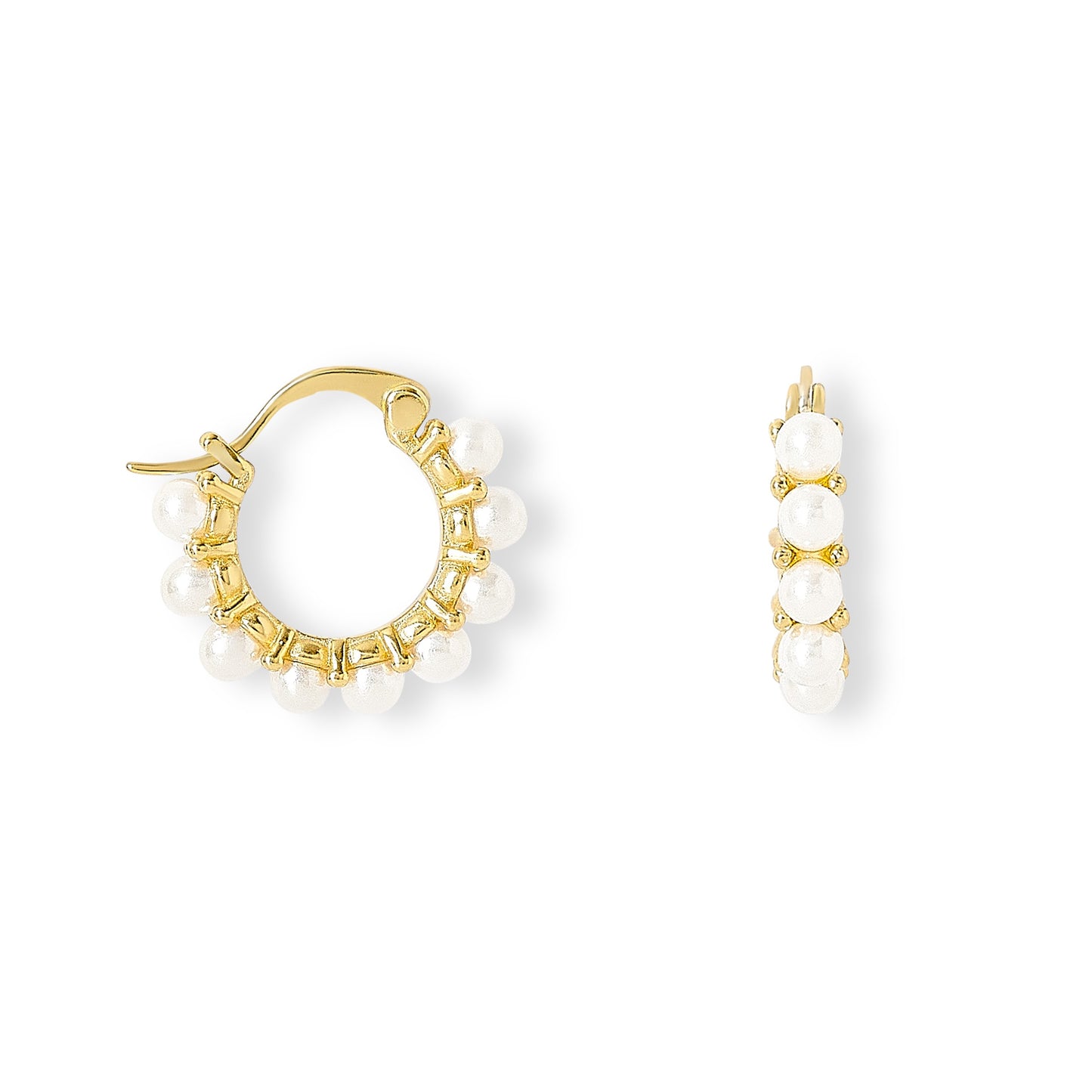 Gratia gold plated sterling silver huggie hoop earrings with delicate mother of pearl beads