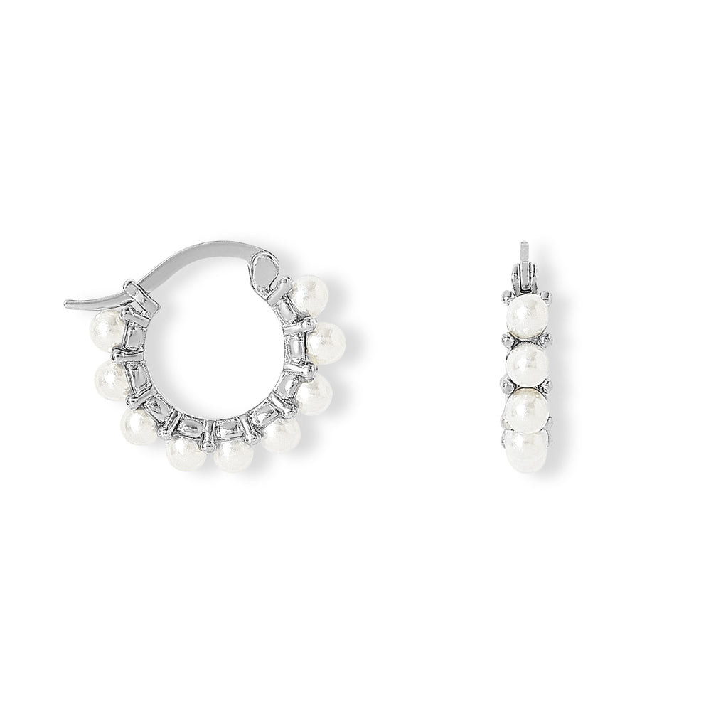 Gratia sterling silver huggie hoop earrings with delicate mother of pearl beads