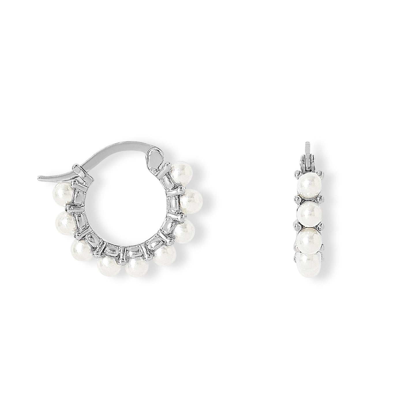 Gratia sterling silver huggie hoop earrings with delicate mother of pearl beads