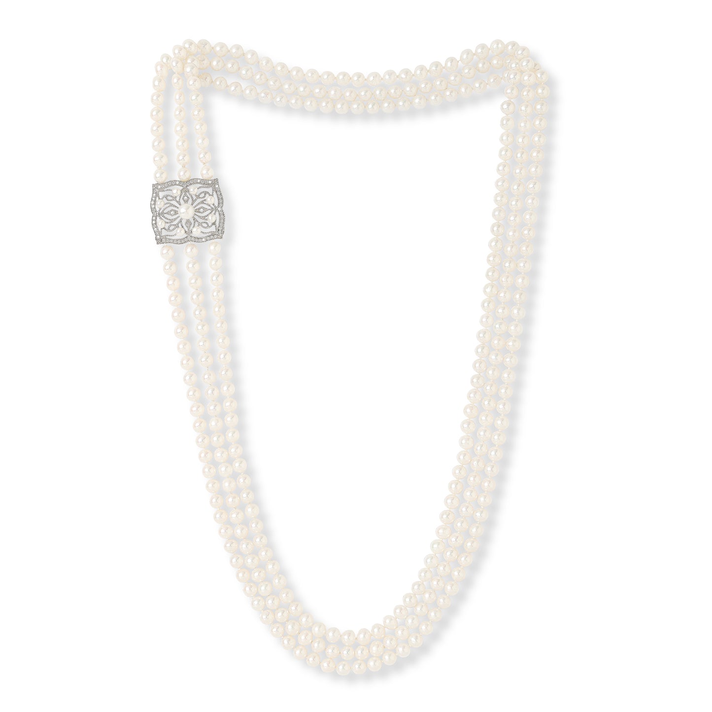 Gratia triple strand cultured freshwater pearl loop necklace with art deco style feature