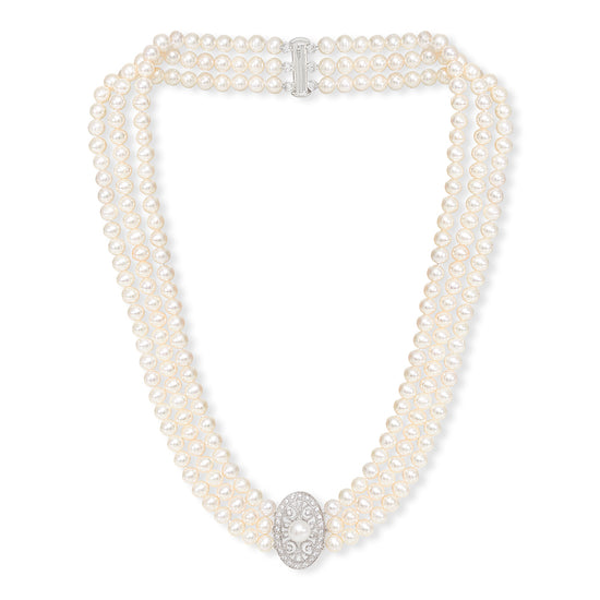 Gratia triple strand cultured freshwater pearl necklace with vintage style oval pave feature
