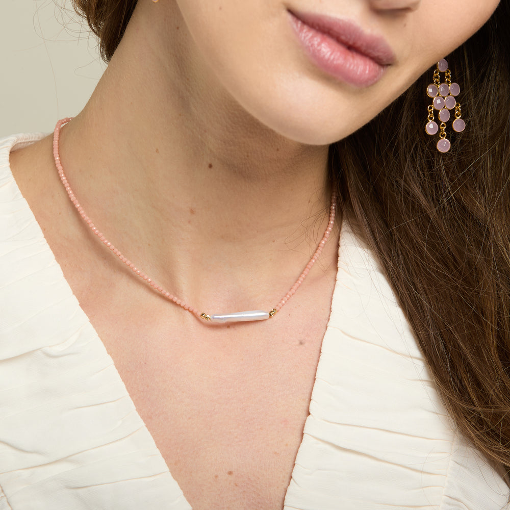 
                  
                    Nova fine necklace with coral pink spinel & 'stick' cultured freshwater pearl
                  
                