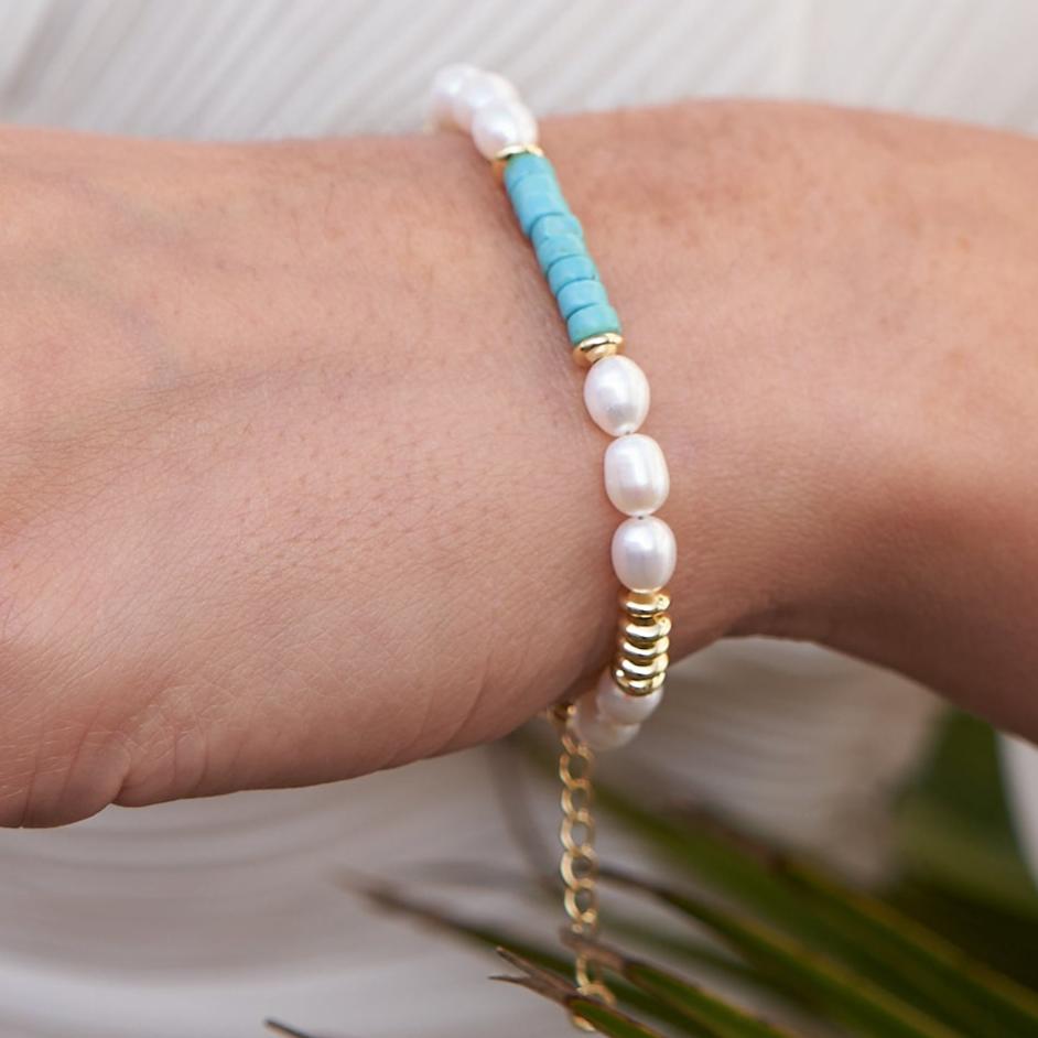 
                  
                    Nova oval cultured freshwater pearl bracelet with turquoise & gold beads
                  
                