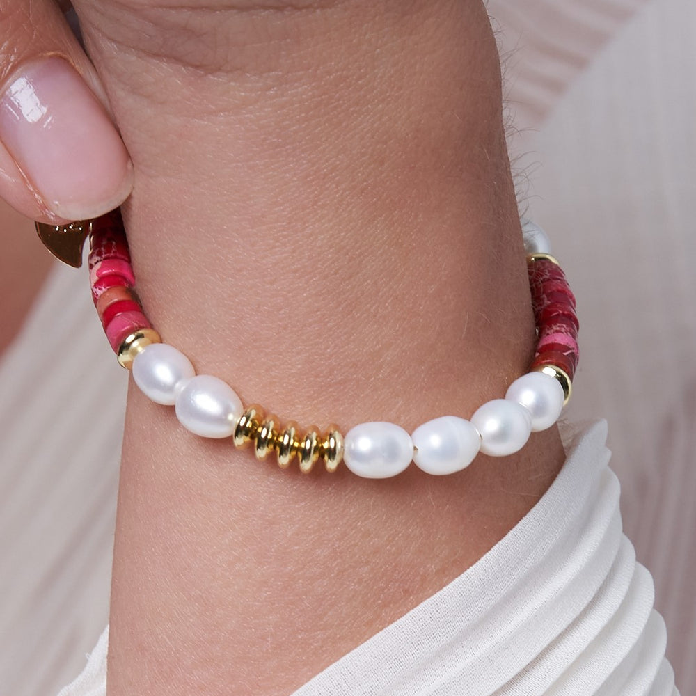 
                  
                    Nova oval cultured freshwater pearl bracelet with red jasper & gold beads
                  
                