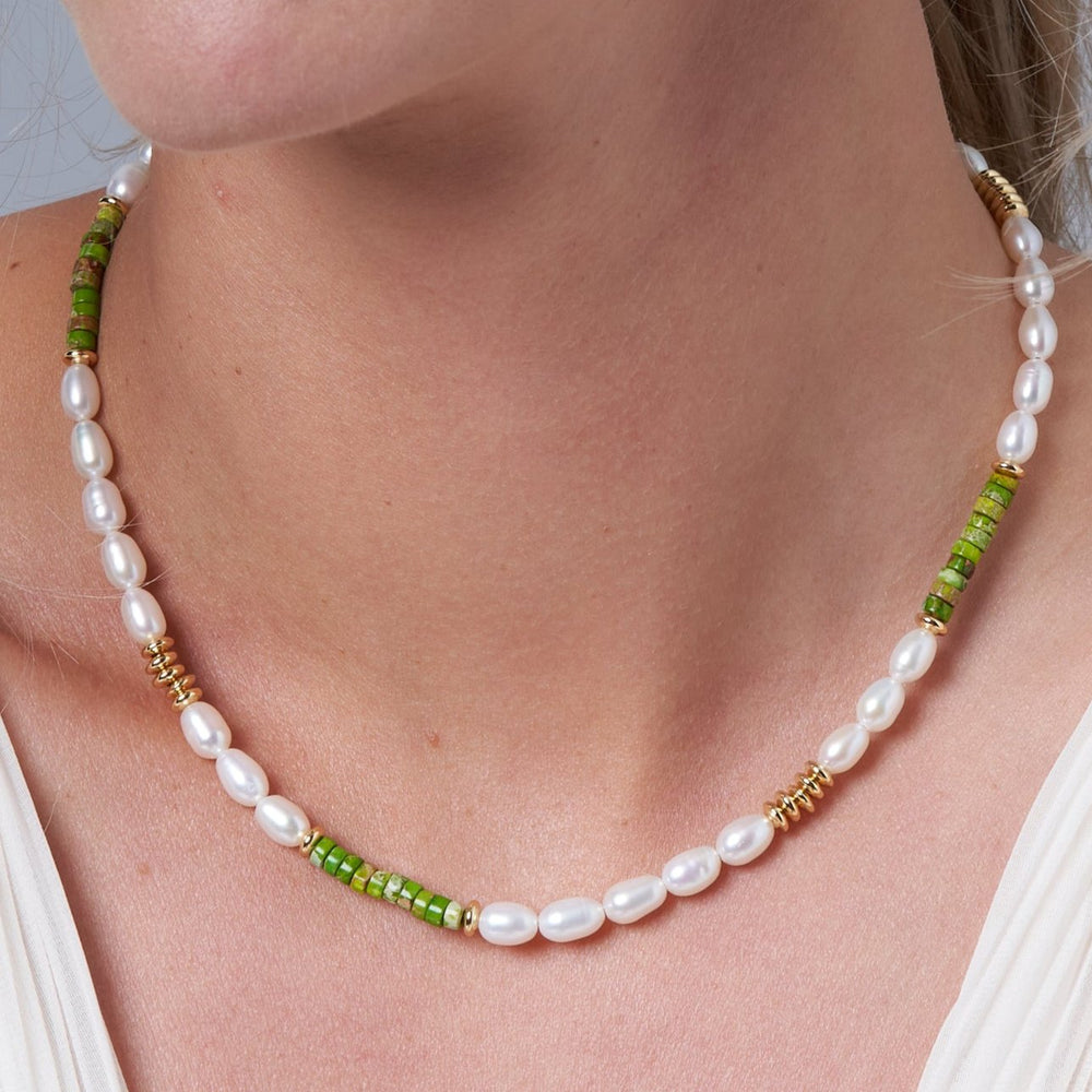 
                  
                    Nova oval cultured freshwater pearl necklace with green jasper & gold beads
                  
                