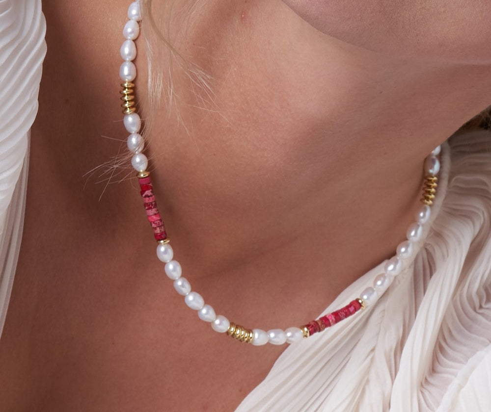 
                  
                    Nova oval cultured freshwater pearl necklace with red jasper & gold beads
                  
                